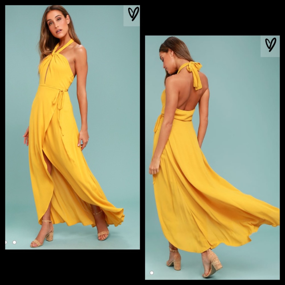 Lulu’s Golden Yellow Halter Wrap Gauzy Maxi Dress - Picture 2 of 6